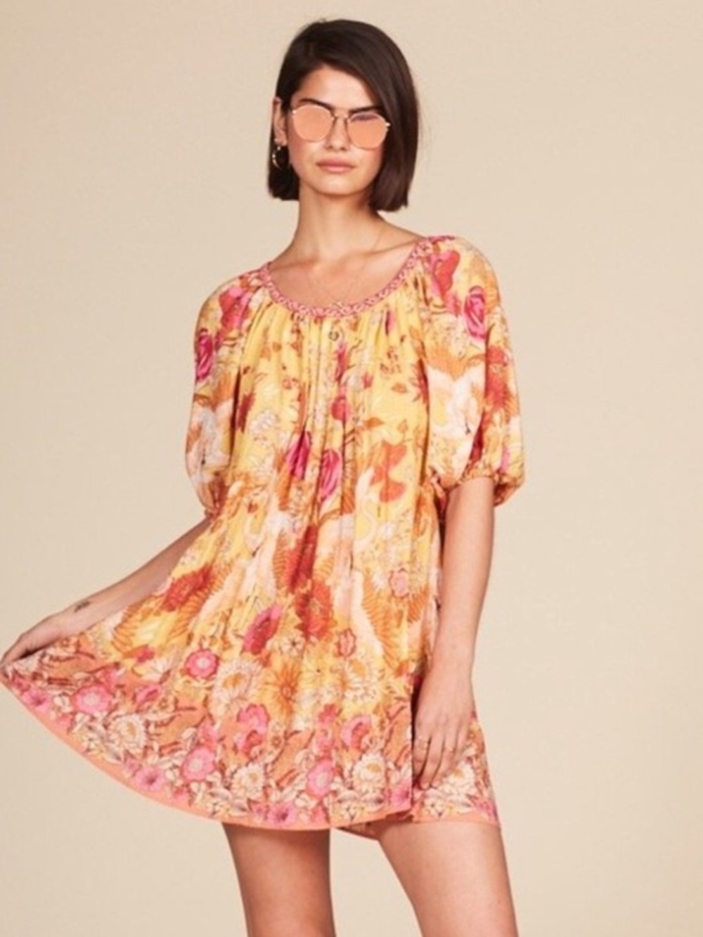 Spell Dress Siren Song Smock Mini in Marigold Floral Yellow Pink